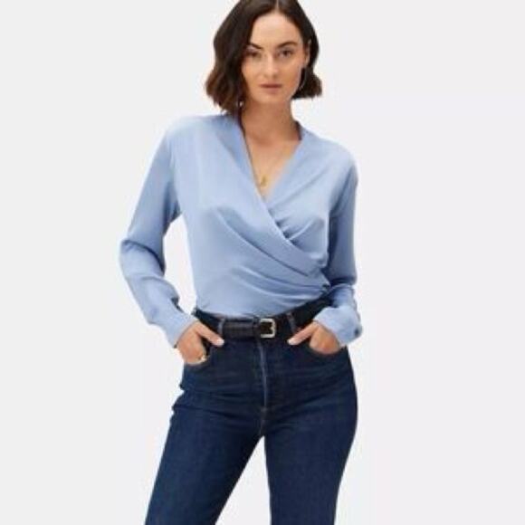 Amour Vert Faux Wrap Baby Blue Blouse Size M - Picture 1 of 6